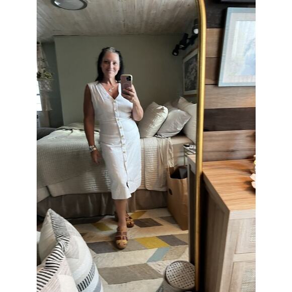 CLUB MONACO Off-White Pinstriped Linen Blend Front Button Pencil Dress Size 6 - Picture 10 of 13